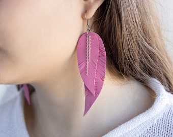 Light Pink leather Feather Earrings with chains FREE SHIPPING fuchsia fringe boho chic earrings