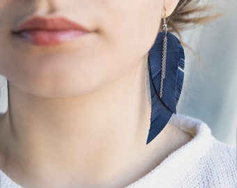 Dark blue leather Feather Earrings with chains FREE SHIPPING fringe boho chic earrings