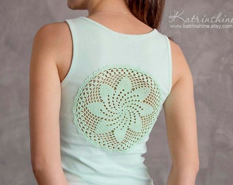 Mint green Tank Top with upcycled vintage crochet doily back - Size S-M