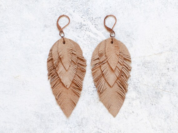 long earrings Cream beige suede leather Feather Earrings Boho earrings layered earrings dangle earrings tribal Earrings