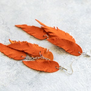 Orange suede leather Feather Earrings FREE SHIPPING fringe boho chic earrings image 4