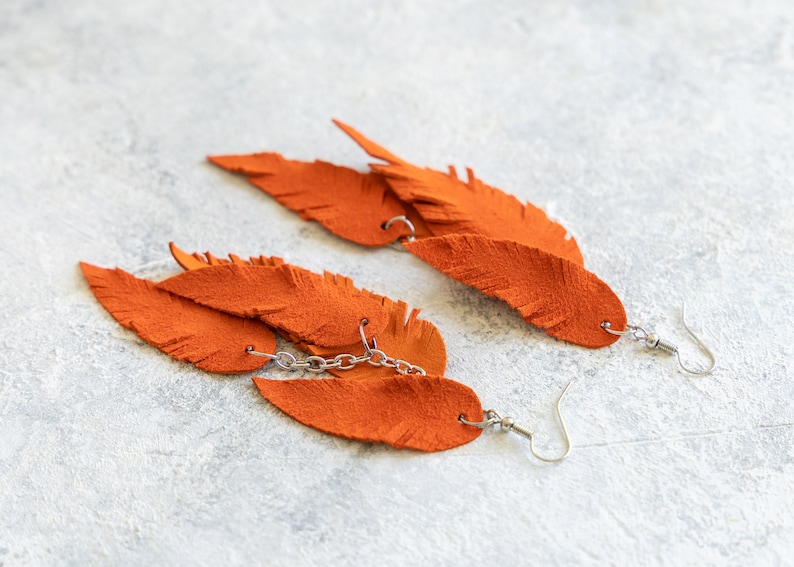 Orange suede leather Feather Earrings FREE SHIPPING fringe boho chic earrings image 4