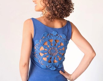 Blue Tank Top with upcycled vintage crochet doily back - Size S