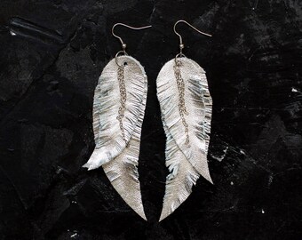 Grey metallic leather Feather Earrings with chains FREE SHIPPING silver fringe boho chic earrings