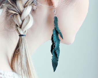Dark green suede leather Feather Earrings FREE SHIPPING fringe boho chic earrings
