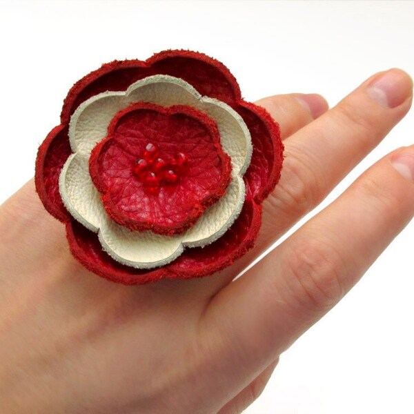 Red and cream leather flower ring