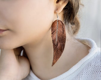 Brown metallic leather Feather Earrings with chains FREE SHIPPING fringe boho chic earrings