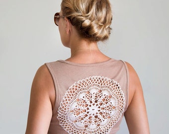 Light brown Tank Top with mandala crochet back - Size L