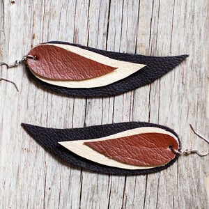 Dark brown, cream and brown Feather Earrings, Leather Feather Earrings, Boho chic, bohemian, leaf earrings, long earrings, wings image 5