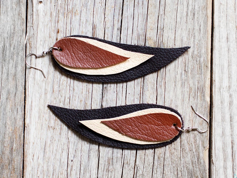 Dark brown, cream and brown Feather Earrings, Leather Feather Earrings, Boho chic, bohemian, leaf earrings, long earrings, wings image 5