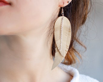 Cream leather Feather Earrings with chains FREE SHIPPING beige fringe boho chic earrings
