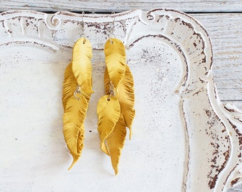 Yellow suede leather Feather Earrings FREE SHIPPING fringe boho chic earrings