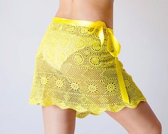 Bright yellow Crochet beach wrap skirt Upcycled from  hand dyed vintage tablecloth