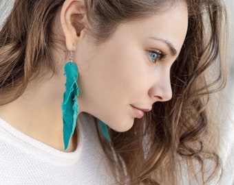 Turquoise blue green suede leather Feather Earrings FREE SHIPPING fringe boho chic earrings