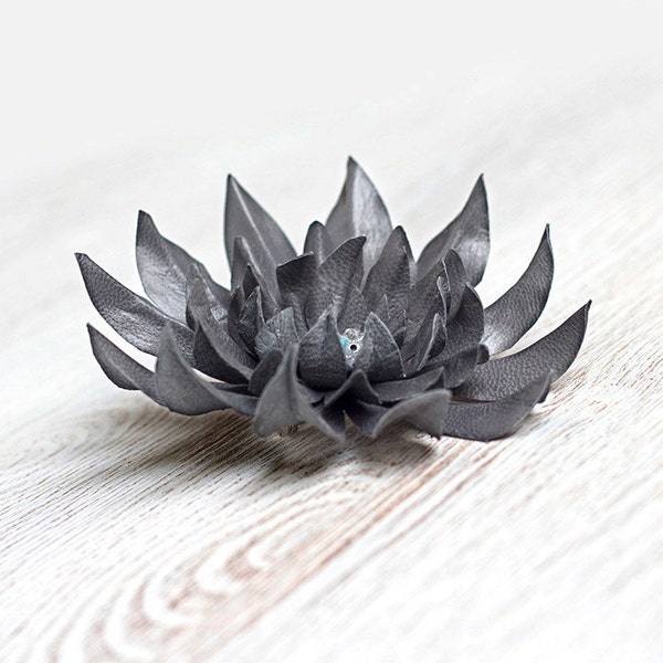 Grey leather flower aster brooch RESERVED