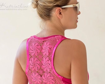 Fuchsia pink tank top with upcycled vintage crochet doily back - size M