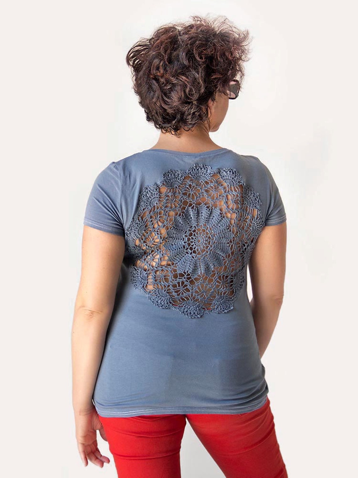 Steel Grey Tshirt With Upcycled Vintage Crochet Doily Back Size L Etsy