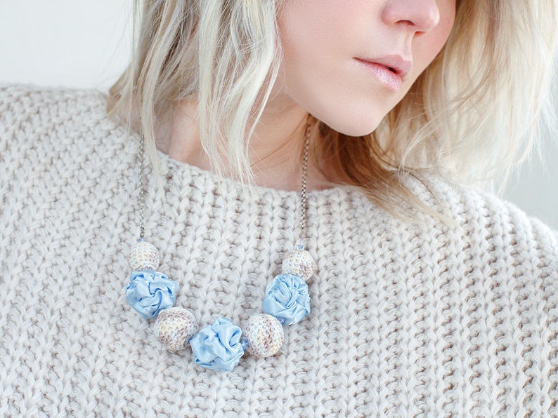 Light blue fabric and crochet beads necklace, Pastel textile necklace, cream textile jewelry, Statement Necklace, Unique Gift for Her image 1