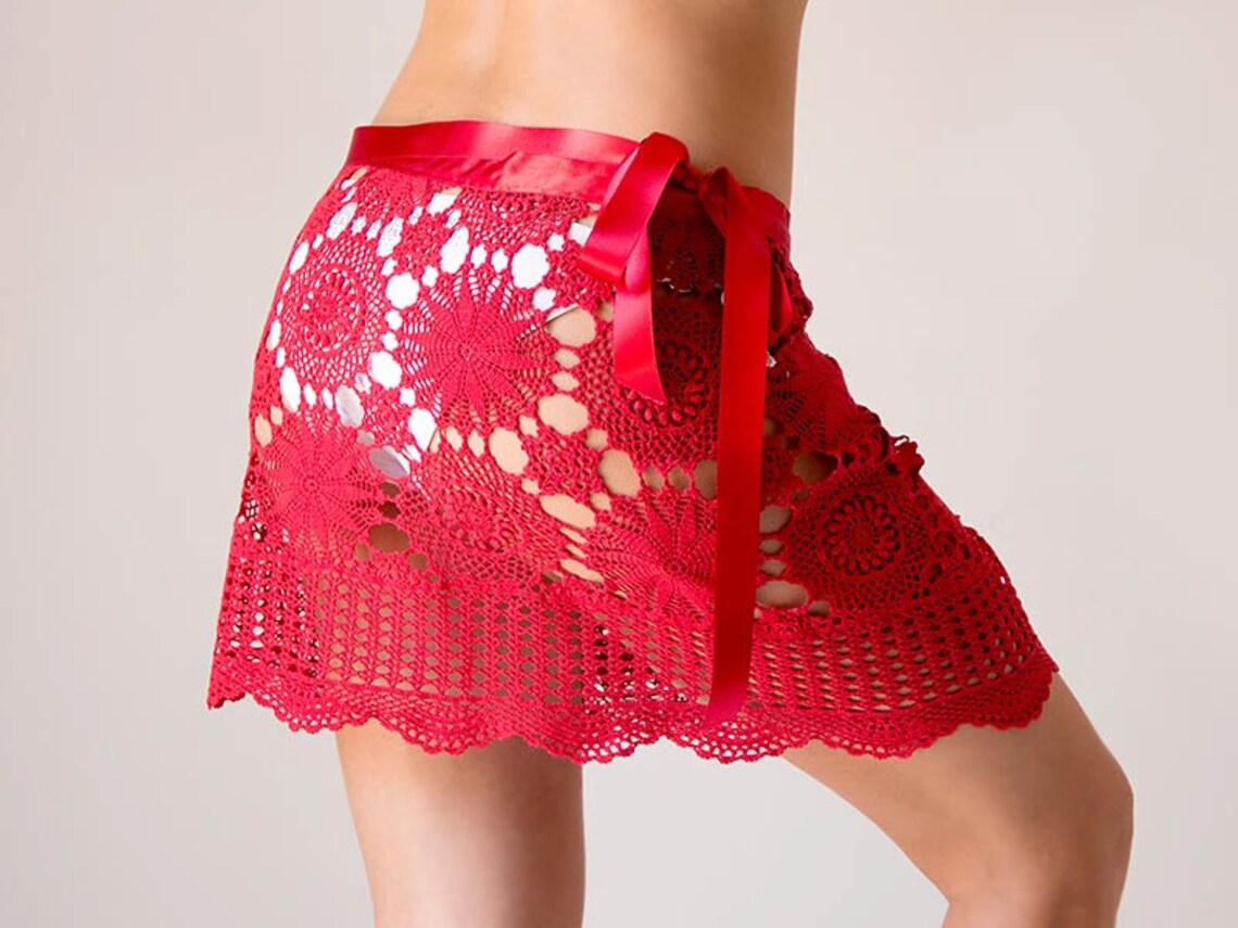 Crochet Beach Skirt Crochet Cover Up Red Crochet Skirt Wrap Etsy