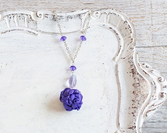 Purple fabric bead necklace, textile necklace, textile jewelry, Statement Necklace, Unique Gift for Her