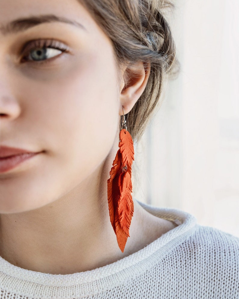 Orange suede leather Feather Earrings FREE SHIPPING fringe boho chic earrings image 1