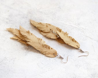 Beige suede leather Feather Earrings FREE SHIPPING fringe boho chic earrings