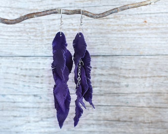 Dark purple suede leather Feather Earrings FREE SHIPPING fringe boho chic earrings