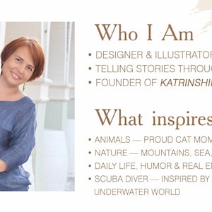 Puede incluir: Una mujer con pelo corto rojo con una blusa azul, apoyada contra una estructura blanca. El texto a la derecha dice "Who I Am" y "What inspires me", enumerando su profesi&oacute;n, intereses y el nombre "KATRINSHINE".