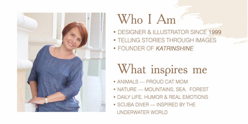 Puede incluir: Una mujer con pelo corto rojo con una blusa azul, apoyada contra una estructura blanca. El texto a la derecha dice "Who I Am" y "What inspires me", enumerando su profesi&oacute;n, intereses y el nombre "KATRINSHINE".