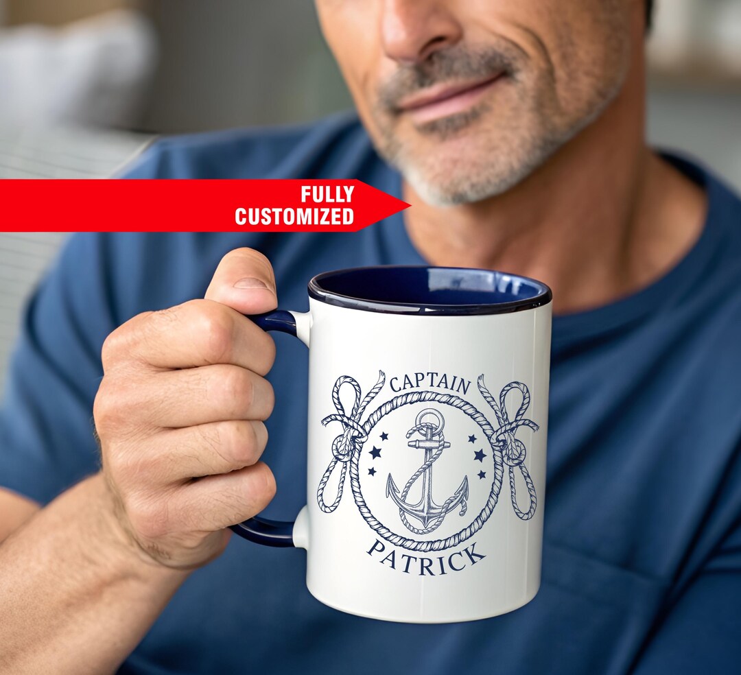 Custom Captain Mug, Personalized Anchor Coffee Cup, Nautical Rope ...