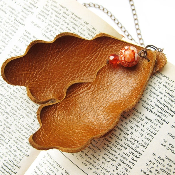 Orange Oak leafs leather pendant SALE