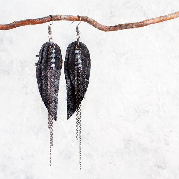 Black leather Feather Earrings with chains, layered, dangle, tribal, Boho chic, fringe, Genuine Leather, long earrings