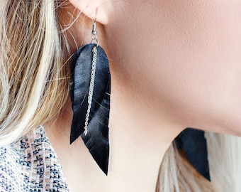 Black leather Feather Earrings with chains FREE SHIPPING fringe boho chic earrings