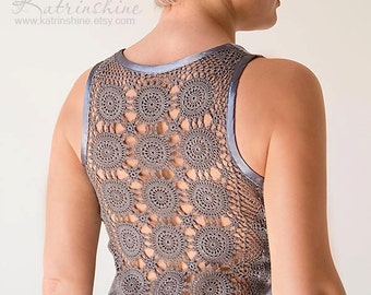 Grey Tank Top with upcycled vintage hand dyed crochet back - Size M