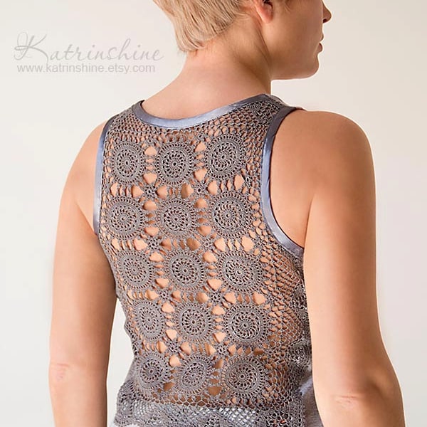 Grey Tank Top with upcycled vintage hand dyed crochet back - Size M