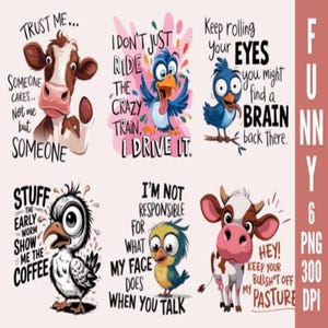 Zabawne sarkastyczne cytaty ze zwierząt Png Bundle, Zabawny pakiet svg, Zabawne zwierzęta Megabundle png, Zabawne zwierzęta SVG Bundle Cartoon Farm Animal Faces