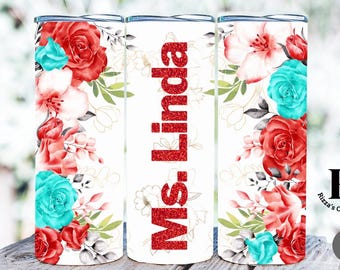 Personalized Floral Tumbler: Teal & Coral Rose Design, Glitter Name