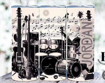 Personalized Music Tumbler: Guitar & Drums Design, 20oz Musician Gift