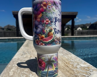 Tropical Floral 40oz Tumbler: Inspirational Stainless Steel Cup with Handle & Straw
