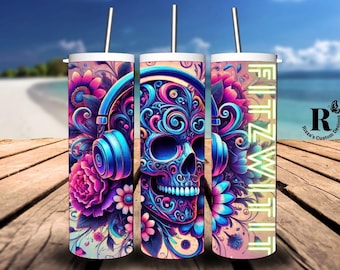 Custom DJ Skull Tumbler: Floral Headphones, Neon Psychedelic Art