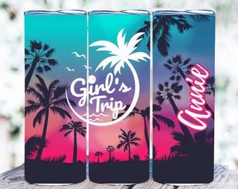 Personalized Girls Trip Tumbler: Tropical Sunset Stainless Steel Cup