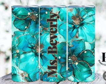 Personalized Teal Floral Tumbler: Stainless Steel Teacher Gift