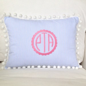 Monogrammed Seersucker Pom Pom Pillow Cover