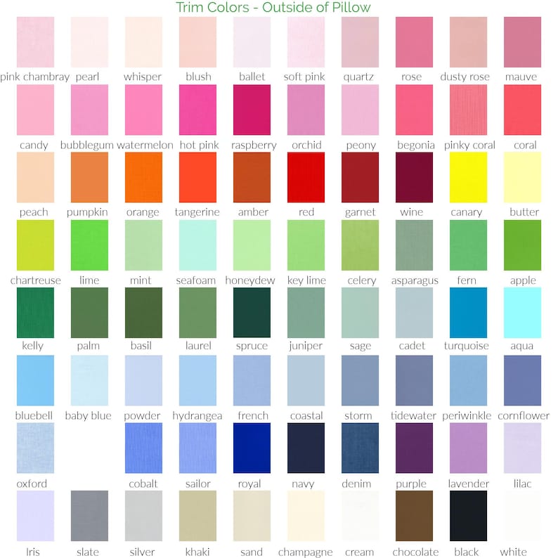 May include: A colour chart titled Trim Colors - Outside of Pillow, displaying a grid of 80 distinct fabric swatches in various shades including pinks, reds, oranges, yellows, greens, blues, purples, greys, browns, black, and white with labels.
