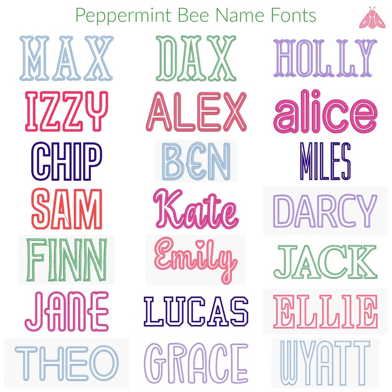 Pode incluir: Um display digital intitulado Peppermint Bee Name Fonts apresentando uma grade de nomes em v&aacute;rios estilos de contorno coloridos, incluindo Max, Dax, Holly, Izzy, Alex, Alice, Chip, Ben, Miles, Sam, Kate, Darcy, Finn, Emily, Jack, Jane, Lucas, Ellie, Theo, Grace e Wyatt.