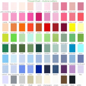 May include: A thread chart titled Thread Chart - Outline Letters featuring a grid of 80 distinct colour swatches. Each square displays a unique hue, ranging from pinks and reds to greens, blues, and neutrals, with the corresponding colour name printed below.
