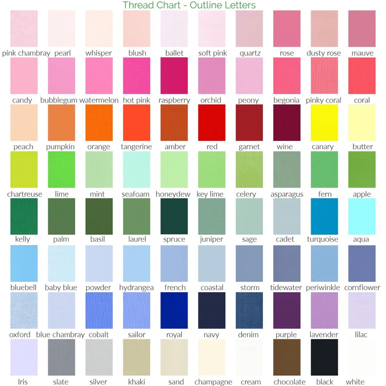 May include: A thread chart titled Thread Chart - Outline Letters featuring a grid of 80 distinct colour swatches. Each square displays a unique hue, ranging from pinks and reds to greens, blues, and neutrals, with the corresponding colour name printed below.