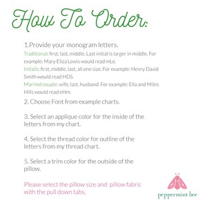 May include: An instructional graphic titled How To Order in green text. It lists five steps for ordering custom monogrammed items, including providing letters, choosing fonts, and selecting colours for applique, thread, and trim. Includes a pink bee logo.