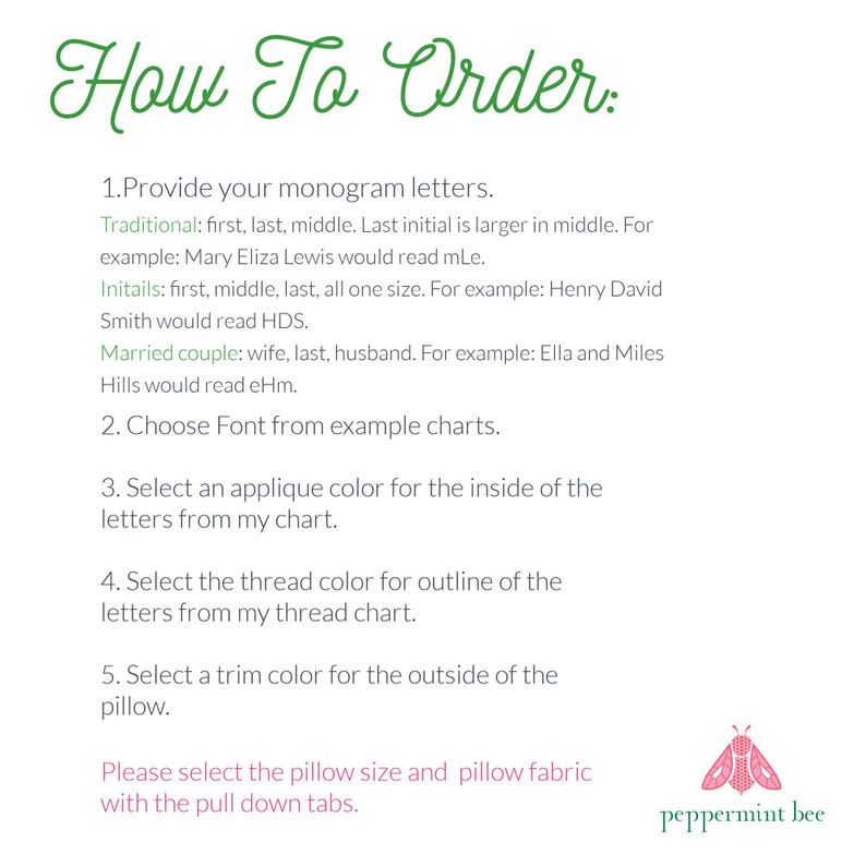 May include: An instructional graphic titled How To Order in green text. It lists five steps for ordering custom monogrammed items, including providing letters, choosing fonts, and selecting colours for applique, thread, and trim. Includes a pink bee logo.