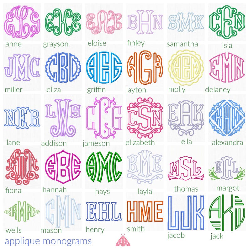 May include: A grid of thirty embroidered monogram designs in various colours and fonts, each featuring three letters. The text "applique monograms" appears at the bottom left, accompanied by a small pink moth icon centred below the grid.